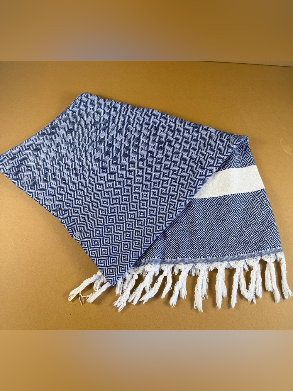 Trina Turk Woven Shawl/Towel Knotted Fringe Blue White Stripe Geometric 36x66